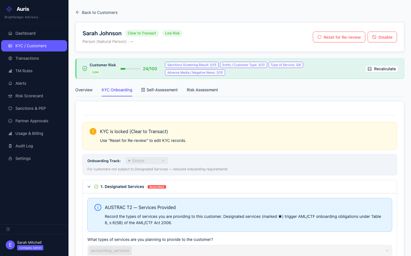 KYC Onboarding module showing a completed customer profile with risk score in AMLNow
